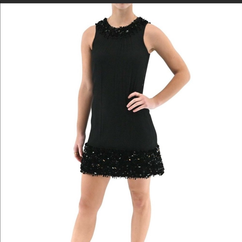 BETSEY JOHNSON Evening Black Crepe Chiffon Sequin Neck & Hem Slight A-Line Dress